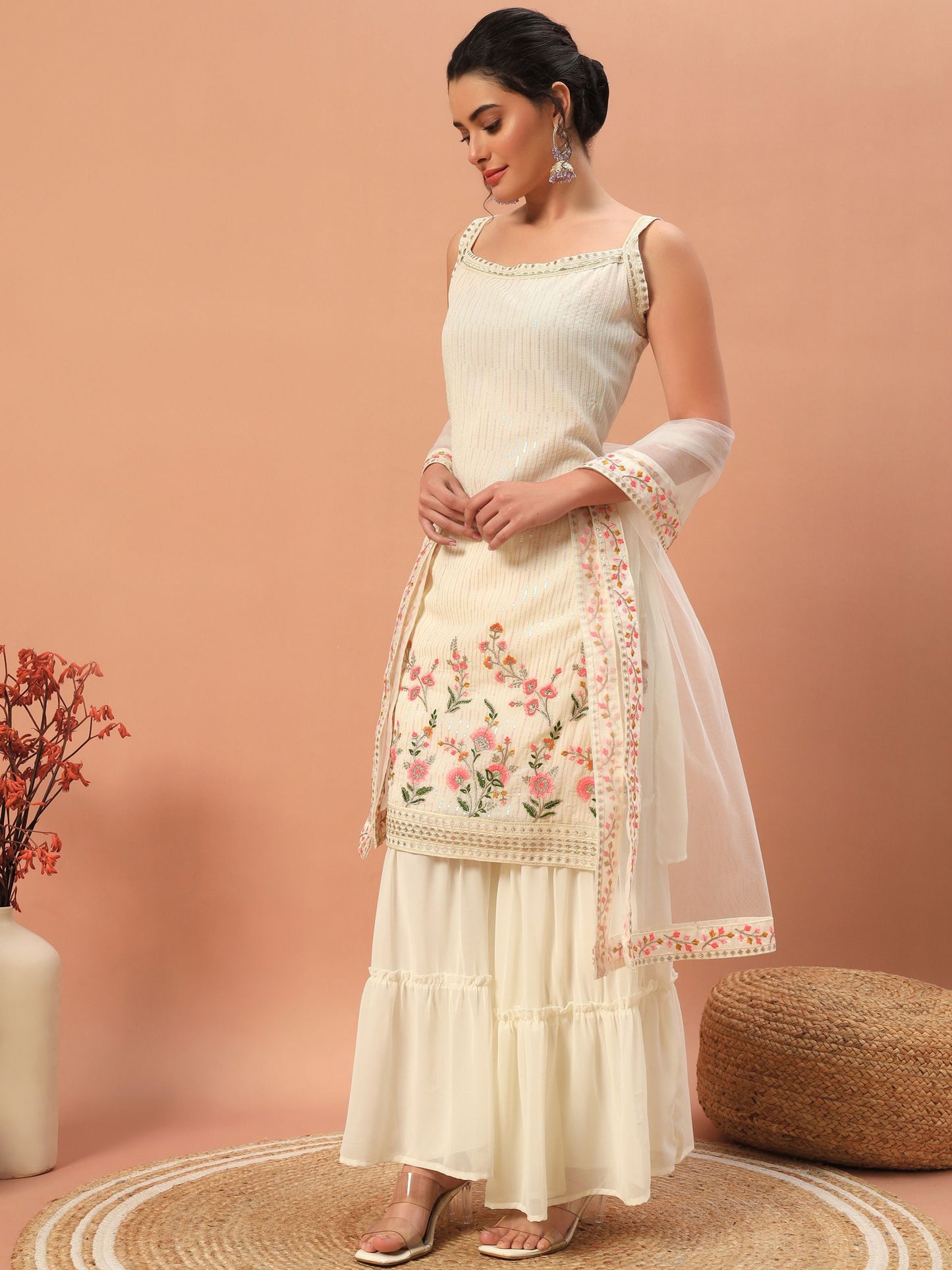 White color georgette sharara suit for wedding