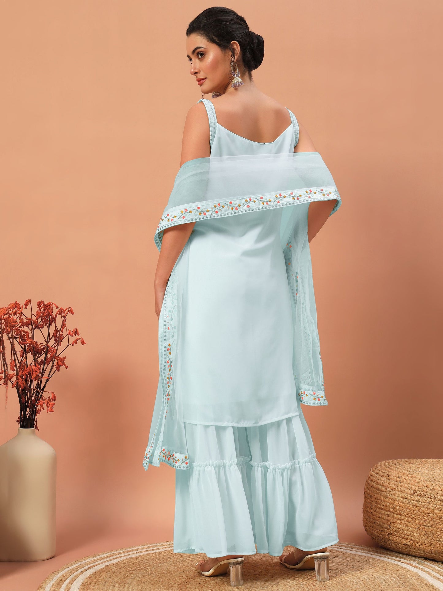 Sky color georgette sharara suit with dupatta