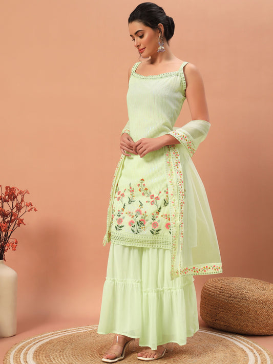Pista color georgette sharara suit with dupatta