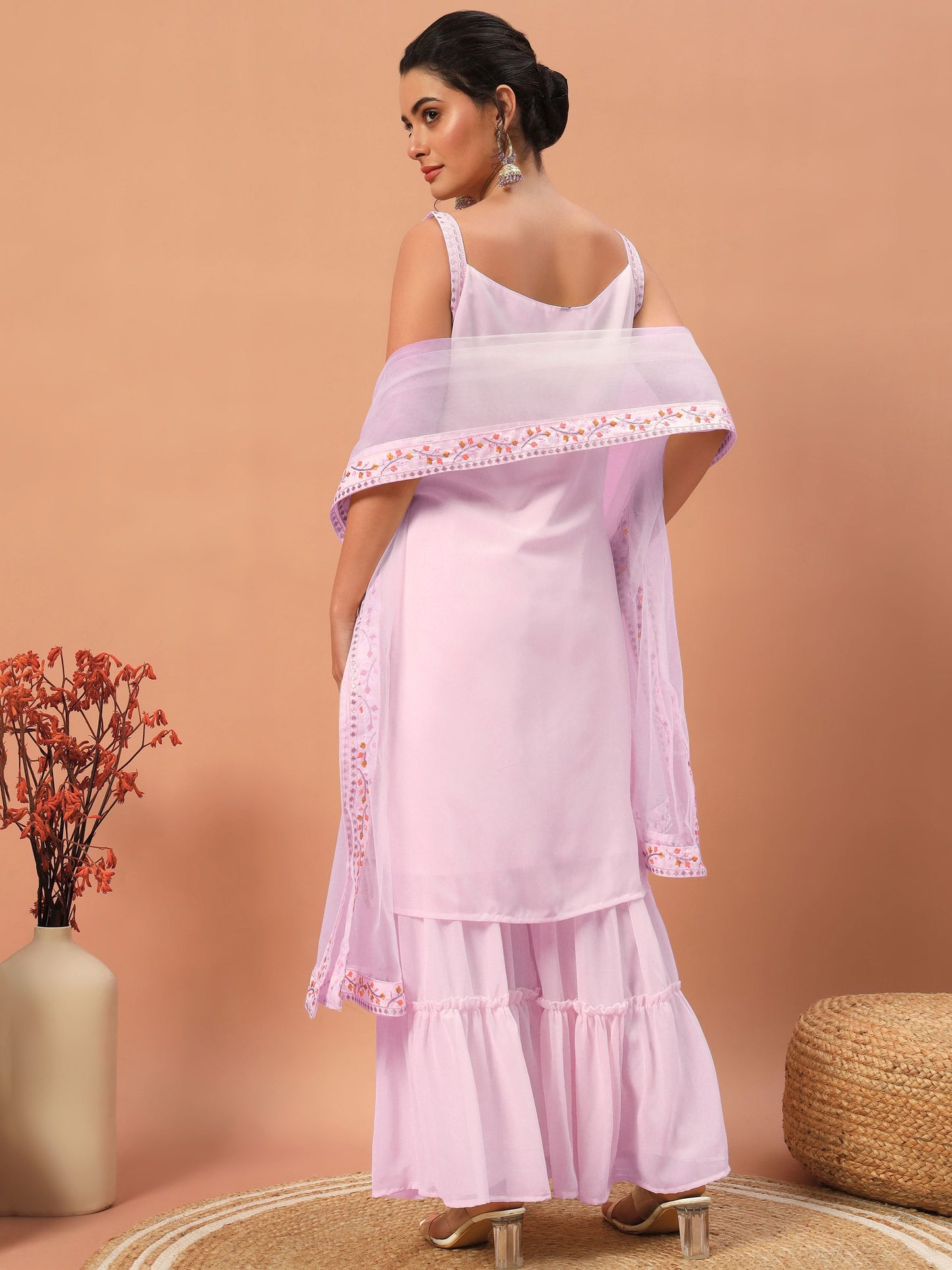 Pink color georgette sharara suit with dupatta