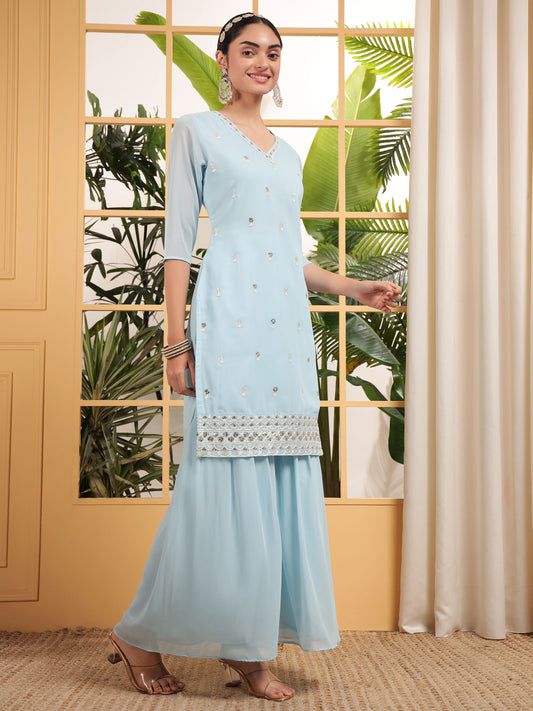 Sky color georgette sharara suit with dupatta