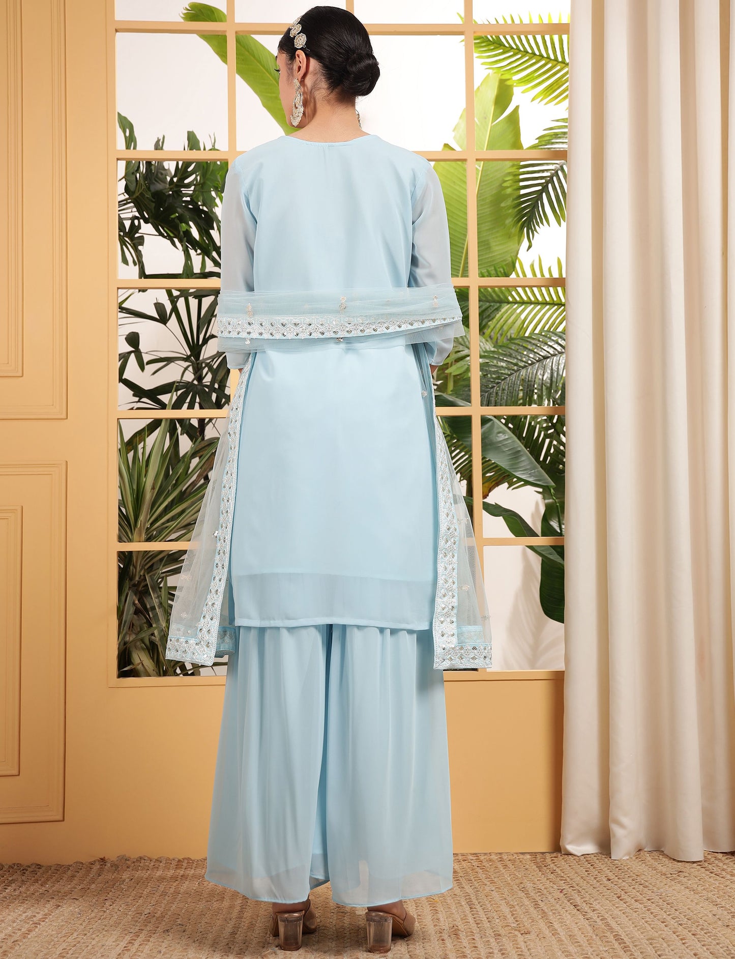 Sky color georgette sharara suit with dupatta online