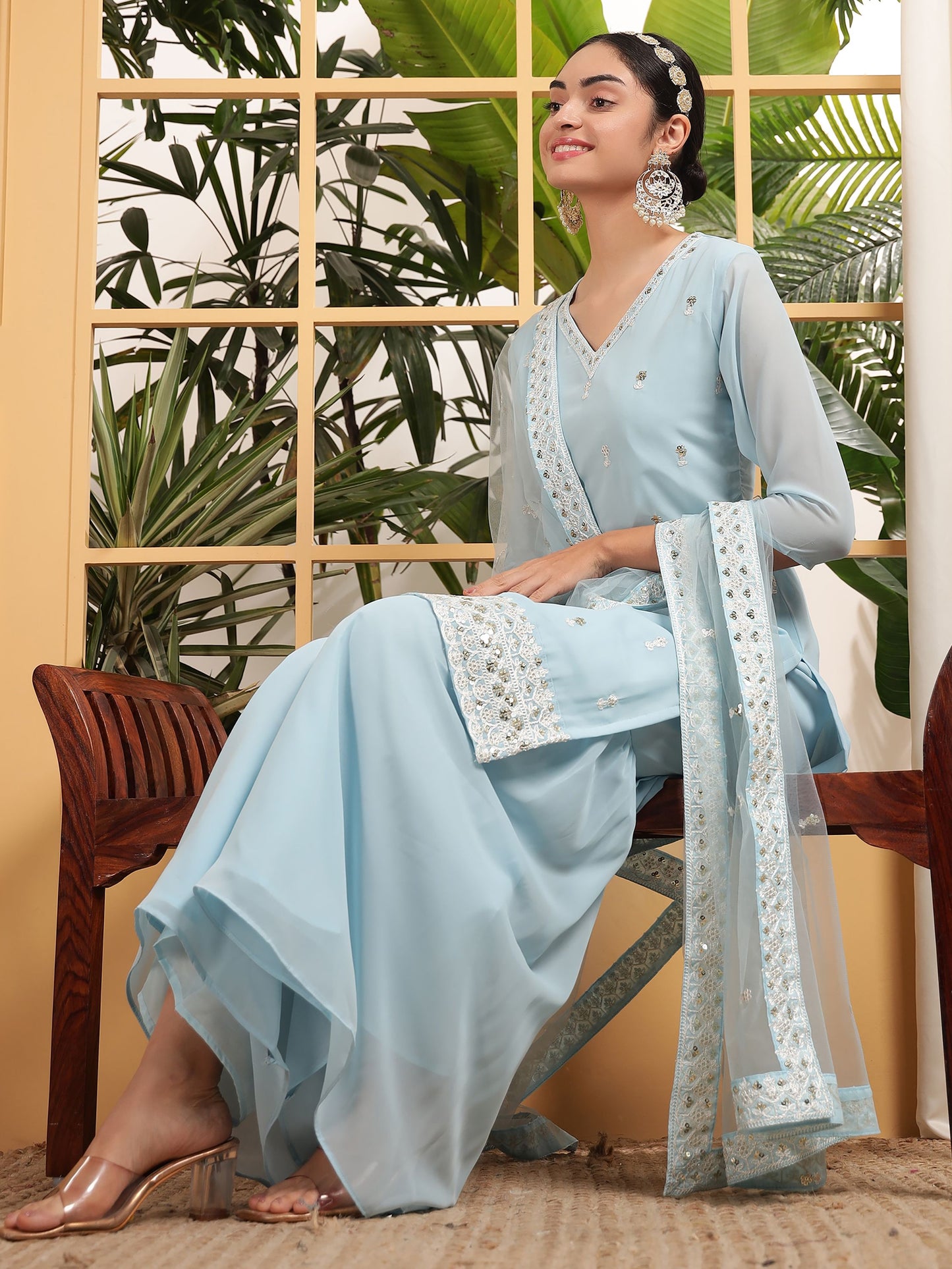 Sky color georgette sharara suit with dupatta price