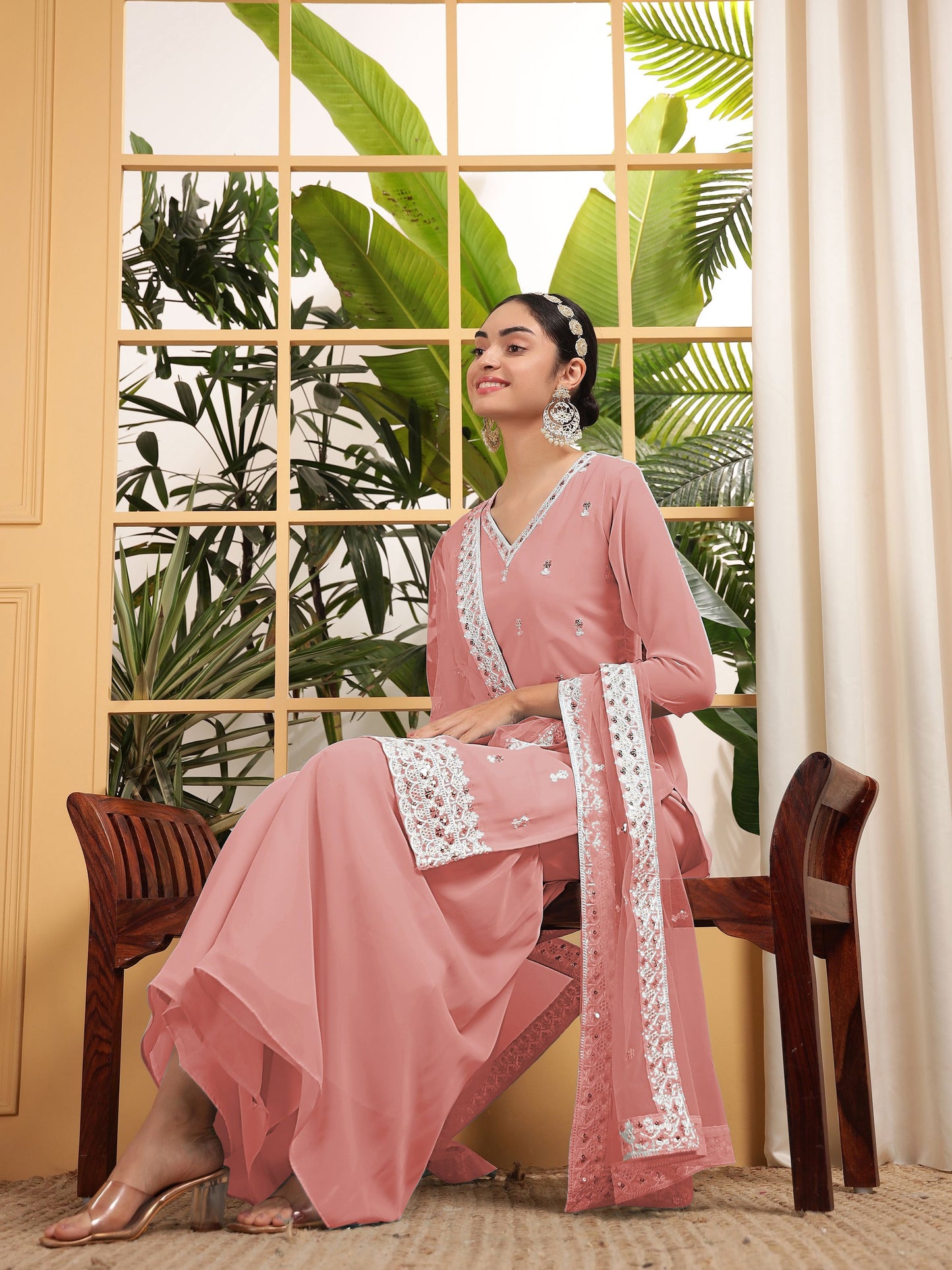 Peach color georgette sharara suit with dupatta