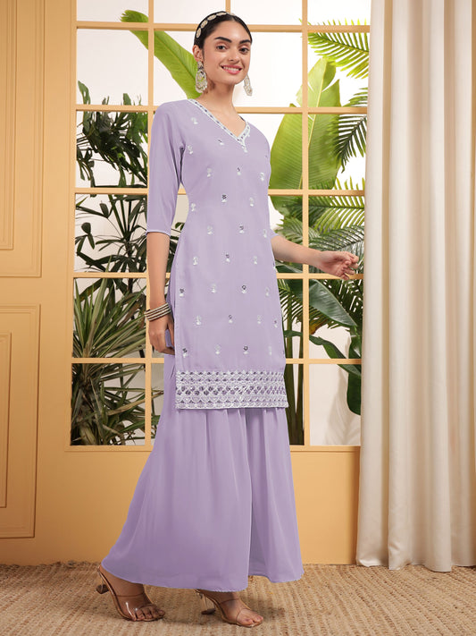 Lavender color georgette sharara suit with dupatta price