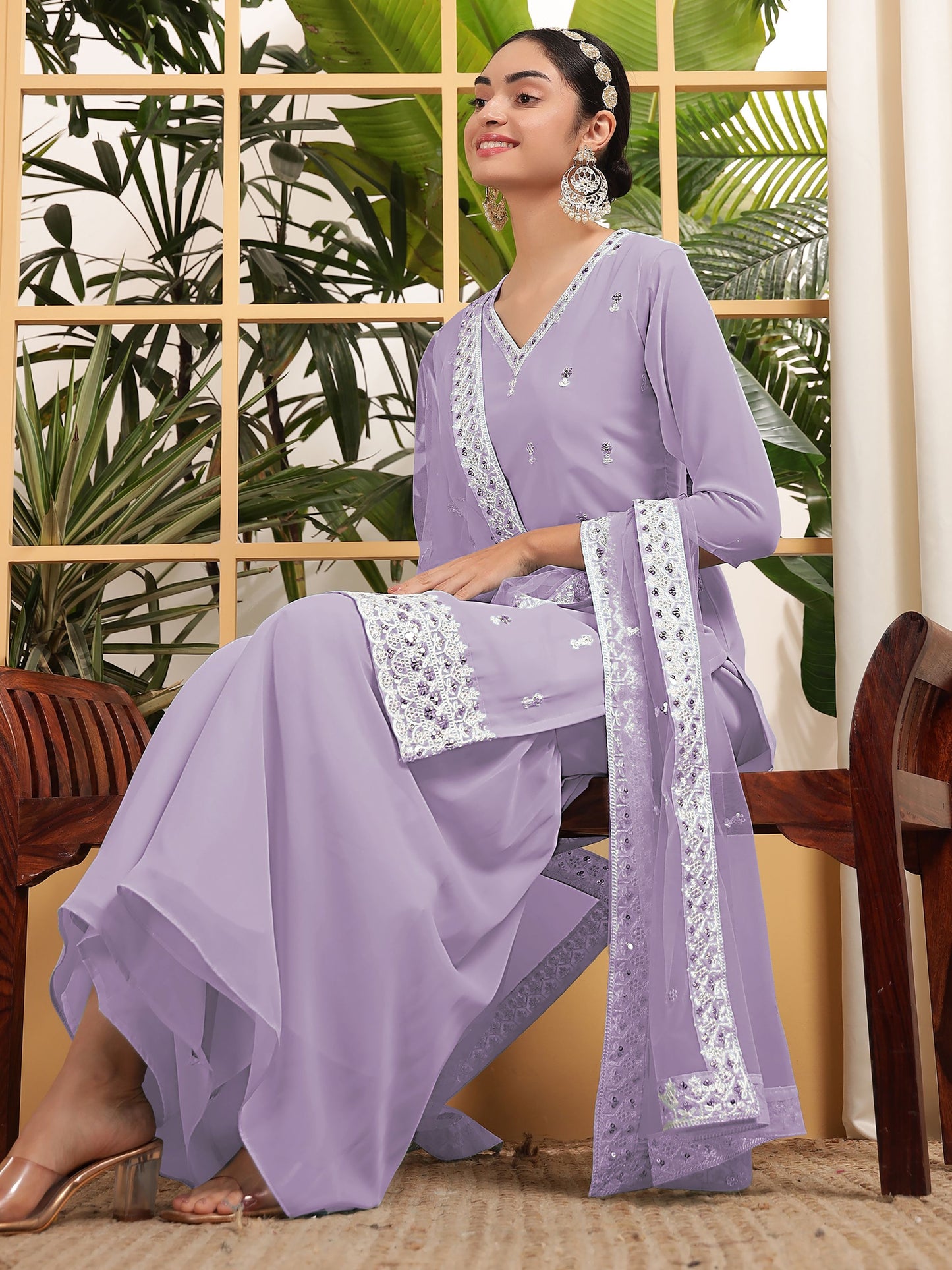Lavender color georgette sharara suit with dupatta images