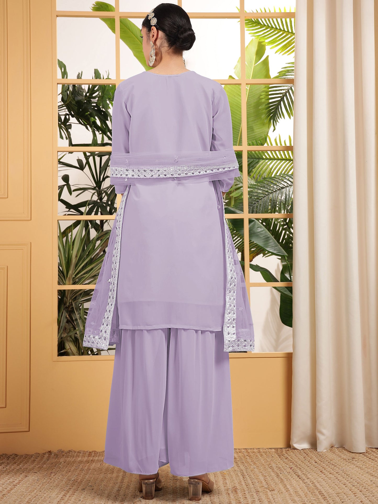Lavender color georgette sharara suit with dupatta online