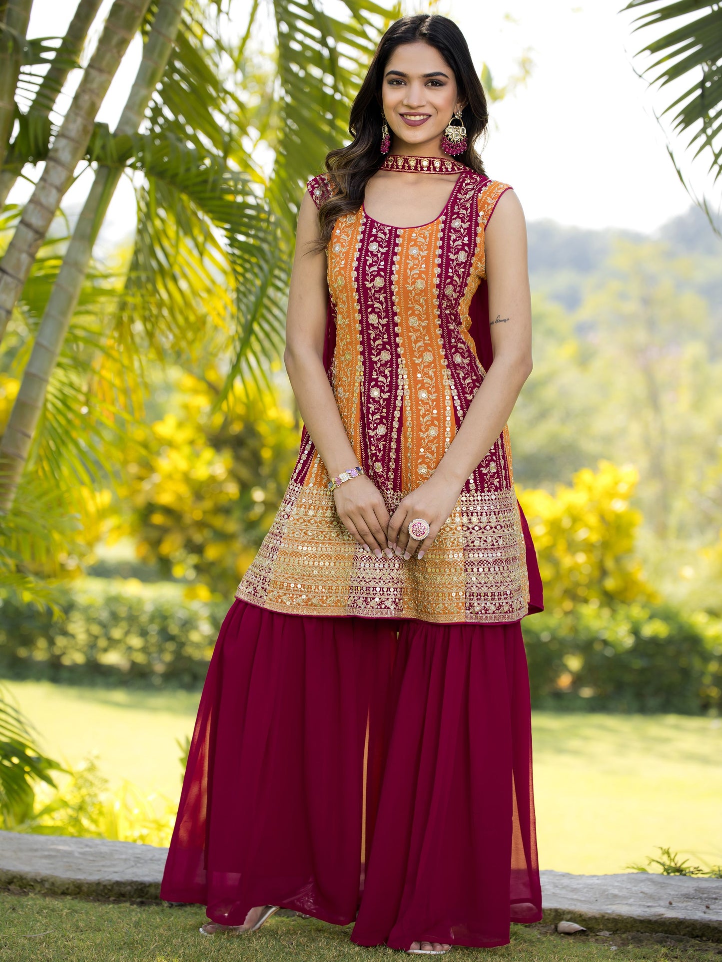 Red color georgette sharara suit for women