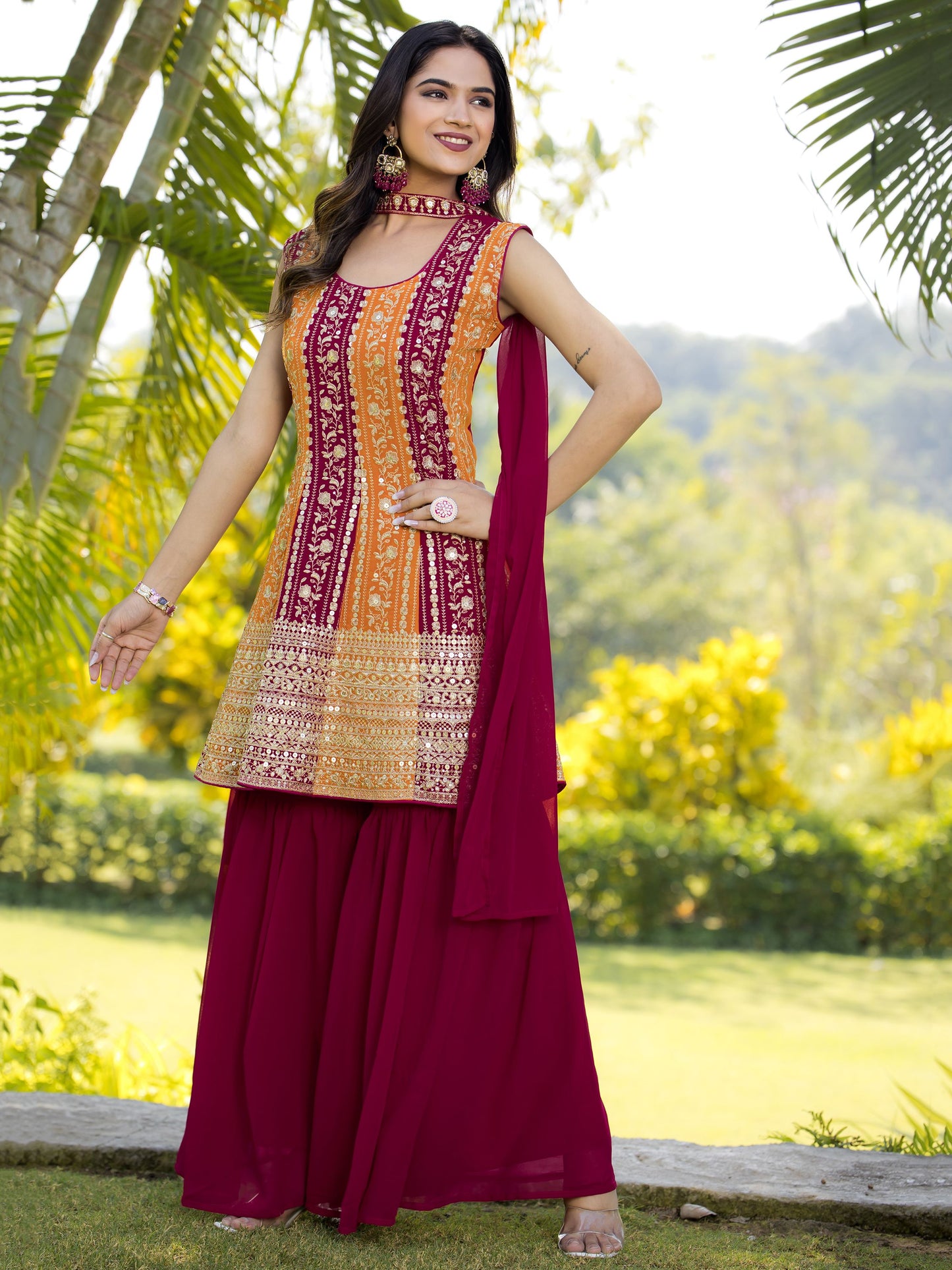 Red color georgette sharara suit with dupatta