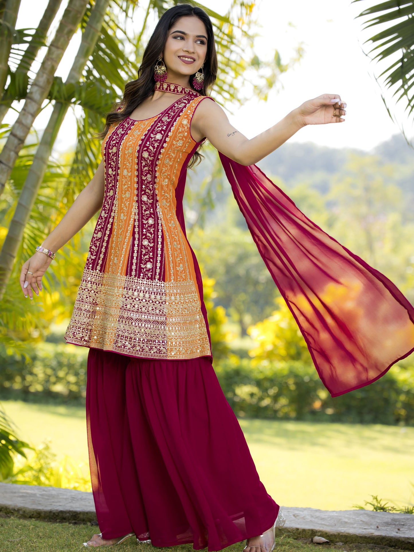 Red color georgette sharara suit with dupatta price