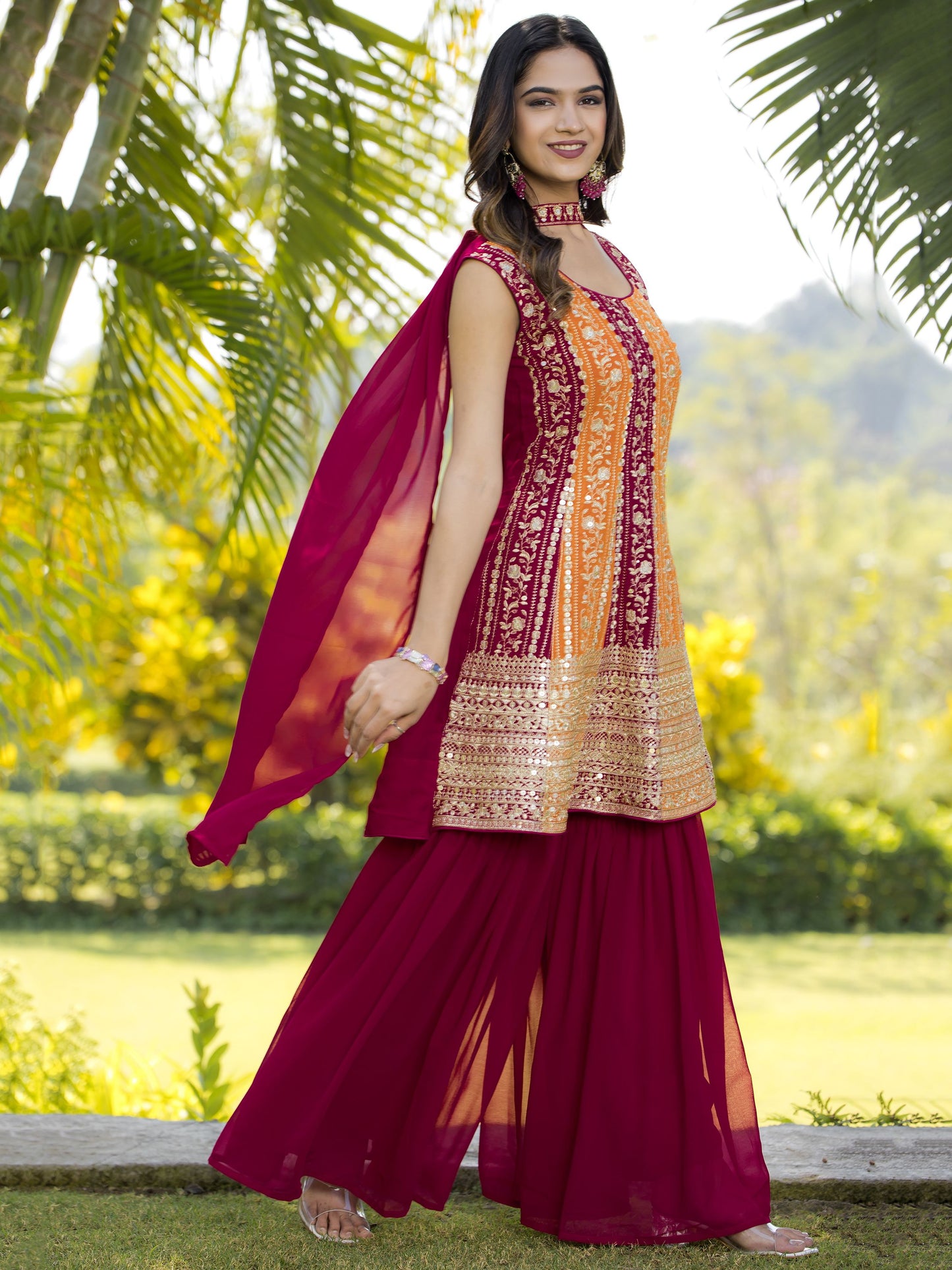 Red color georgette sharara suit with dupatta images