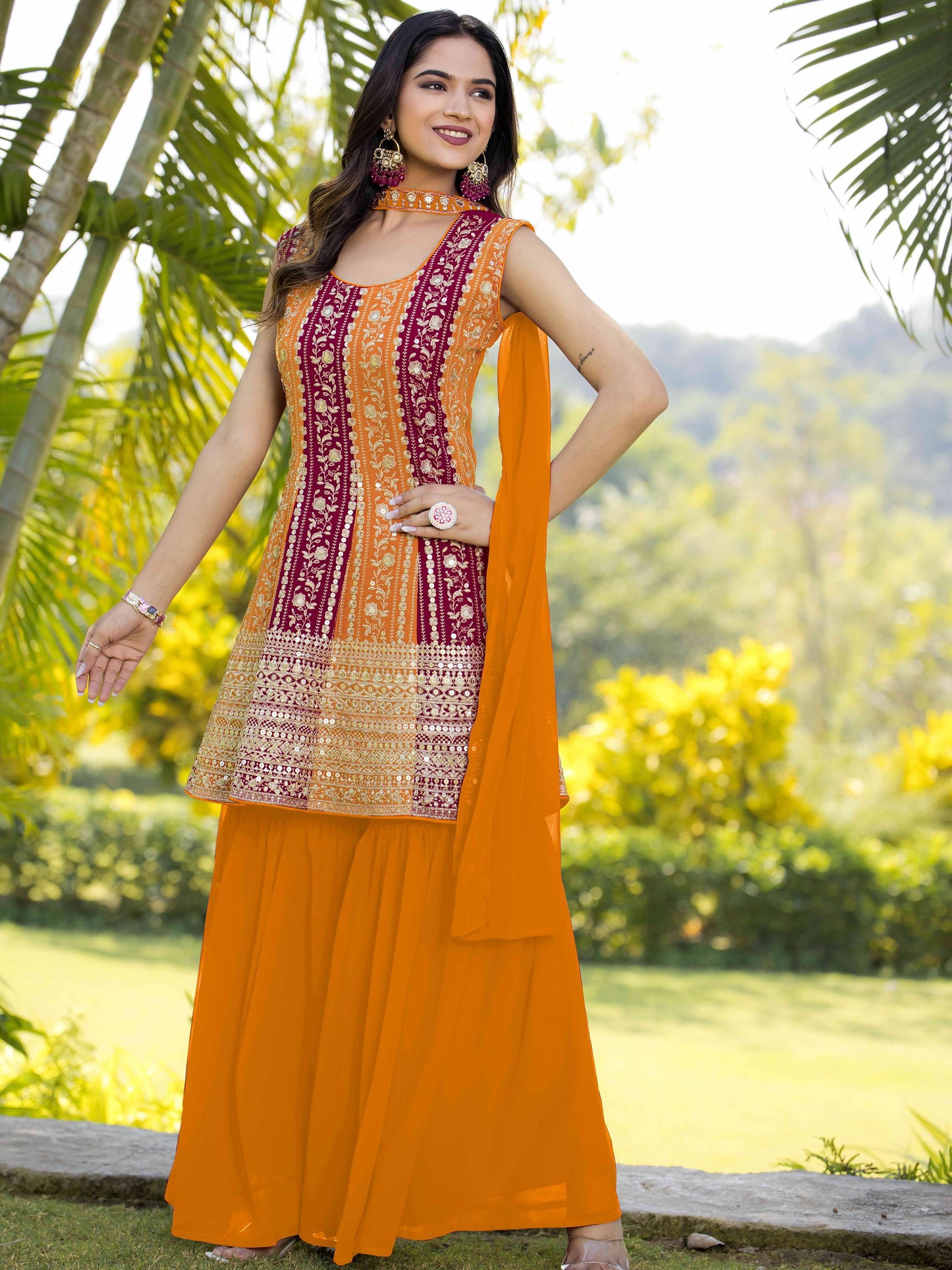 Orange color georgette sharara suit with dupatta online