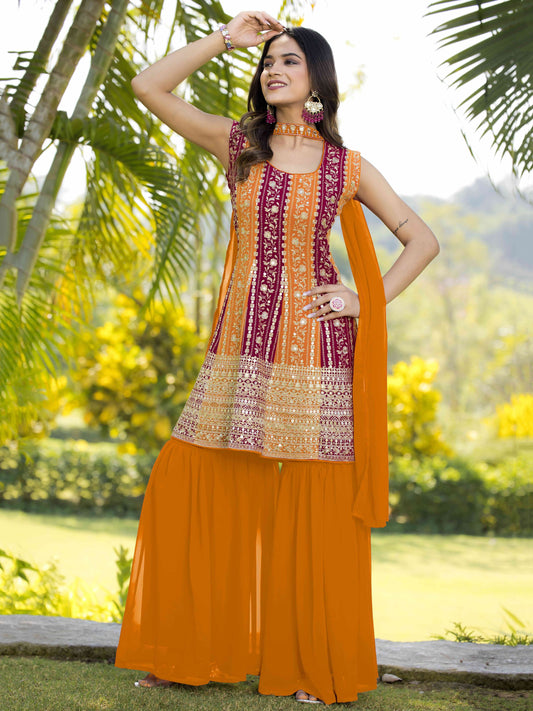 Orange color georgette sharara suit for wedding
