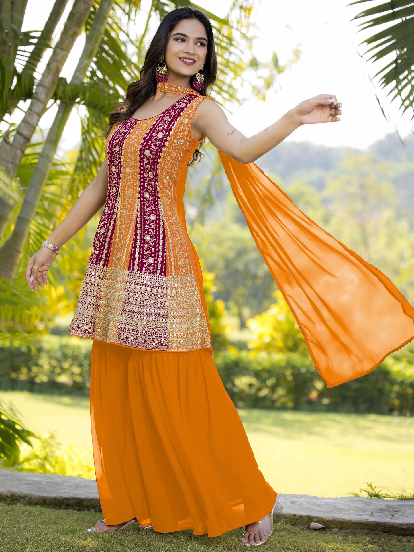 Orange color georgette sharara suit with dupatta images