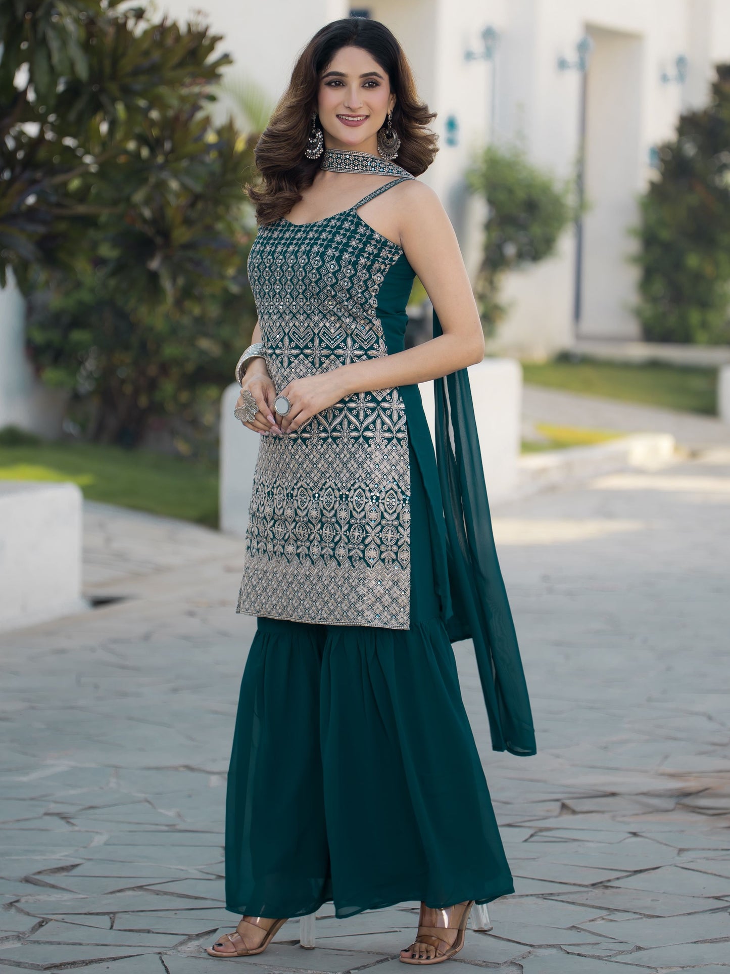 Rama color georgette sharara suit with dupatta