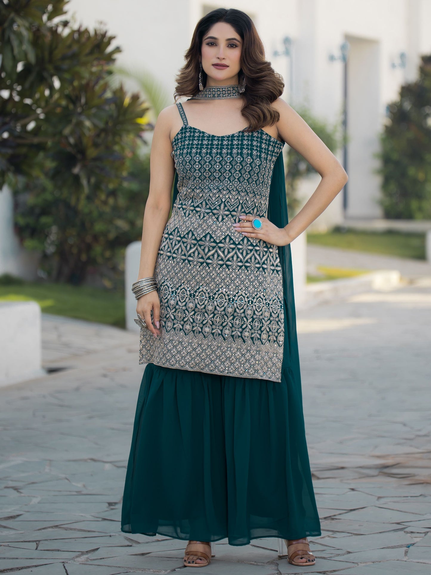 Rama color georgette sharara suit with dupatta online
