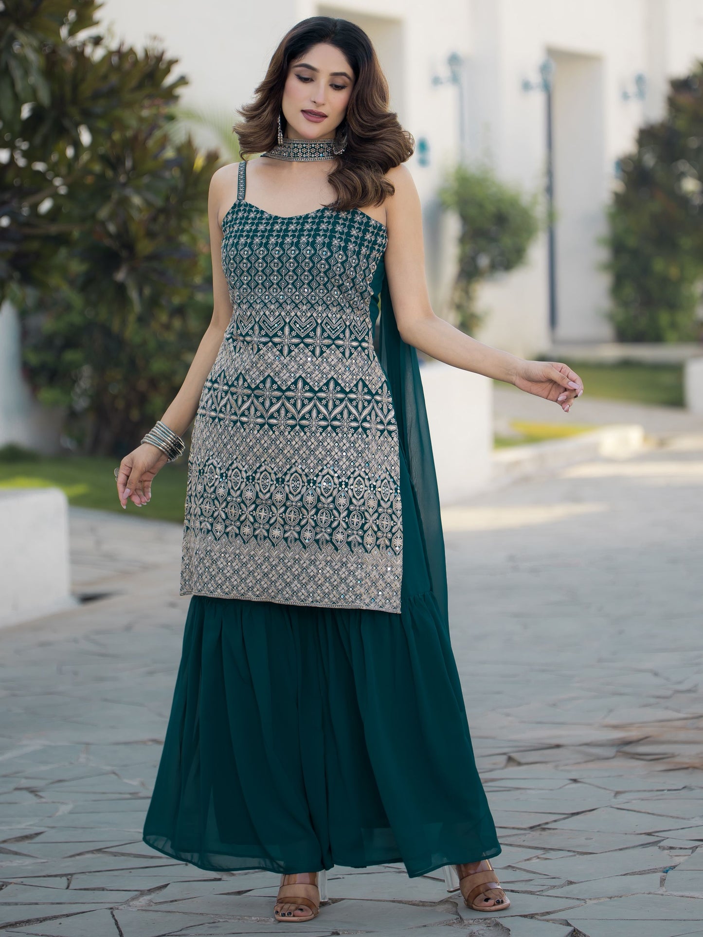 Rama color georgette sharara suit with dupatta price