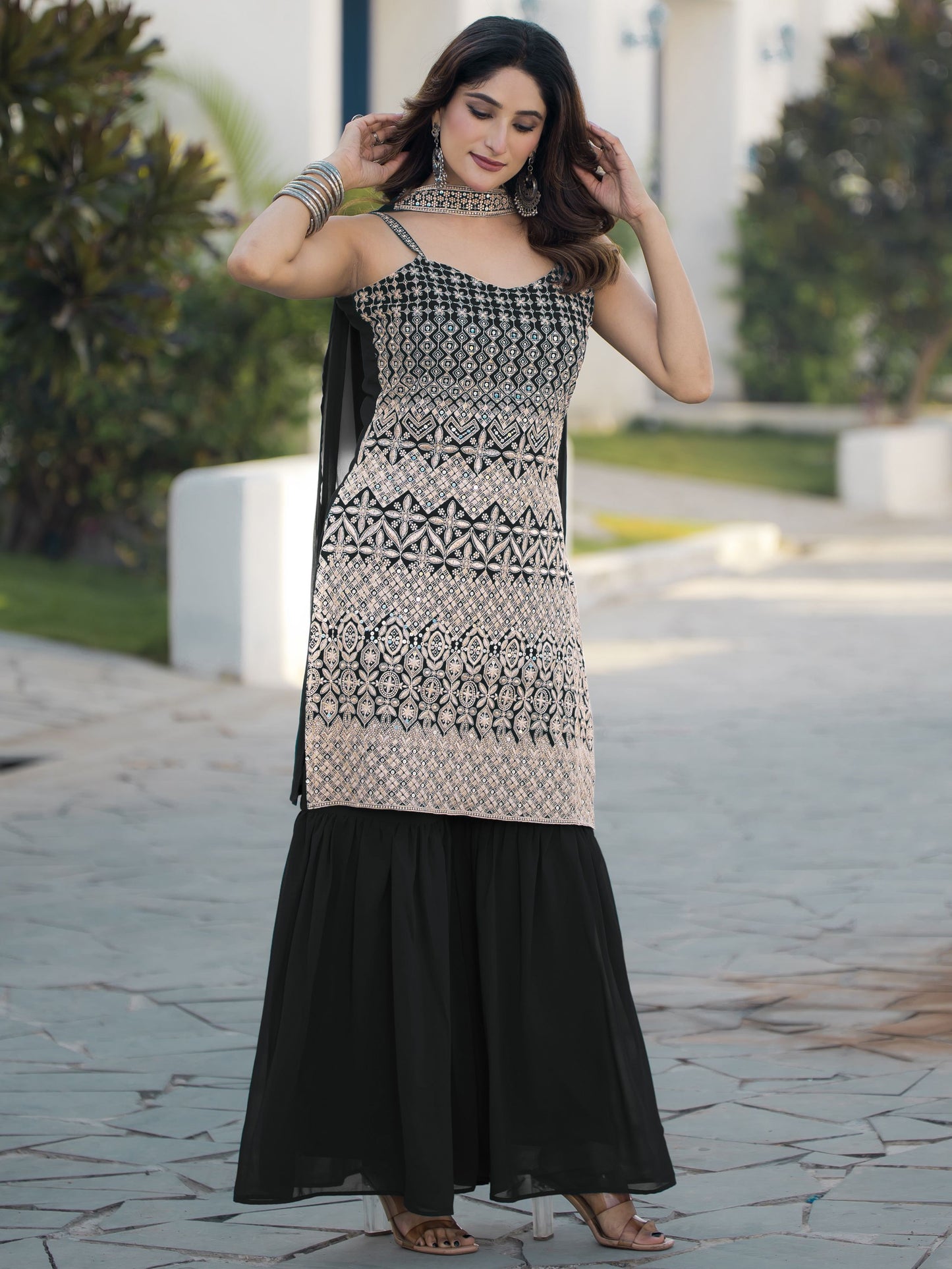 Black color georgette sharara suit with dupatta