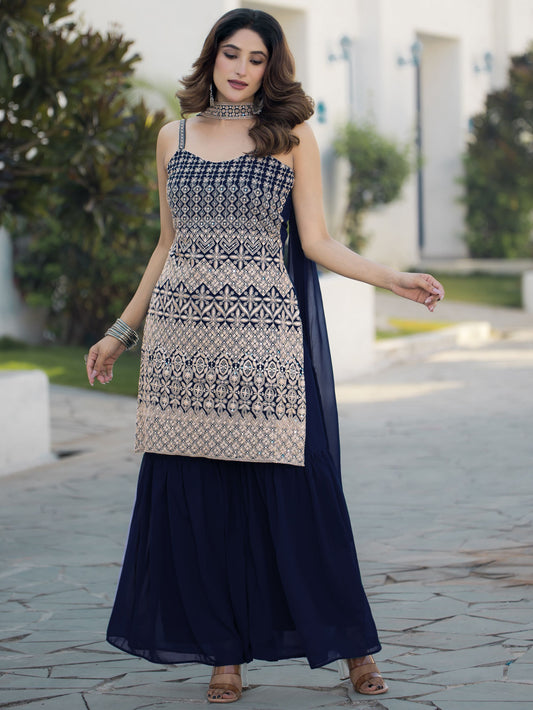 Navy blue color georgette sharara suit for wedding