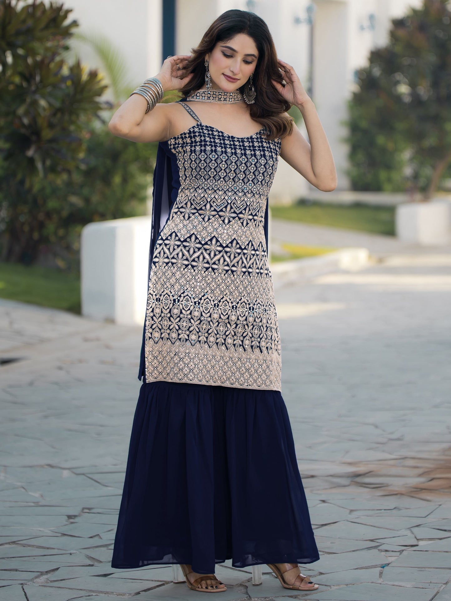 Navy blue color georgette sharara suit with dupatta online