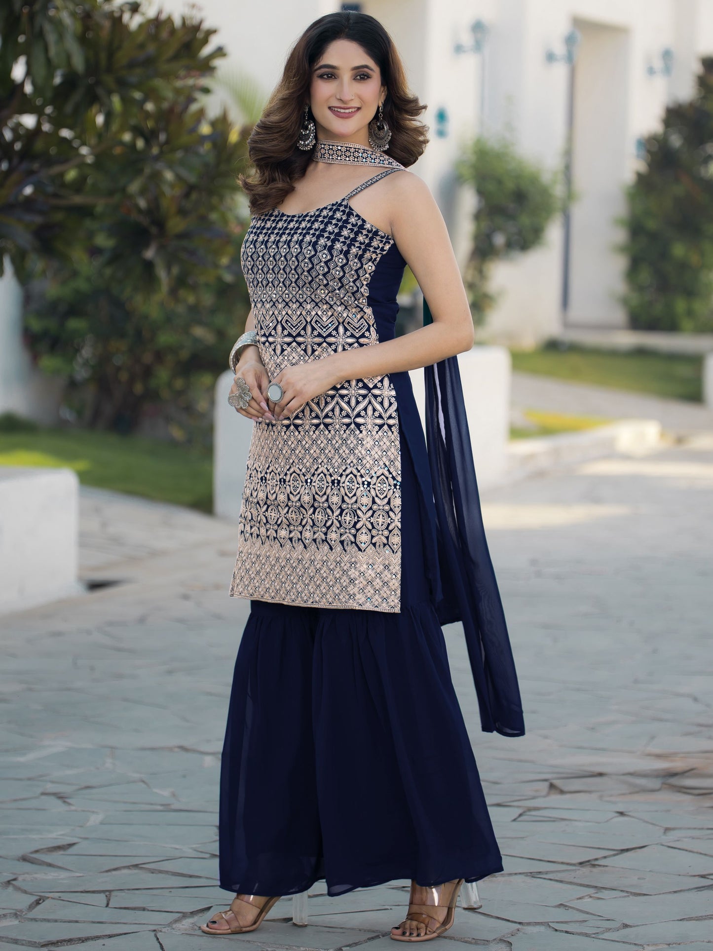 Navy blue color georgette sharara suit with dupatta price