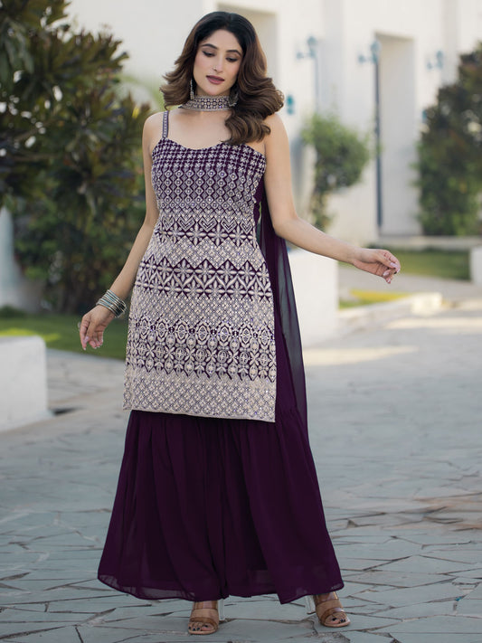 Wine color georgette sharara suit for wedding