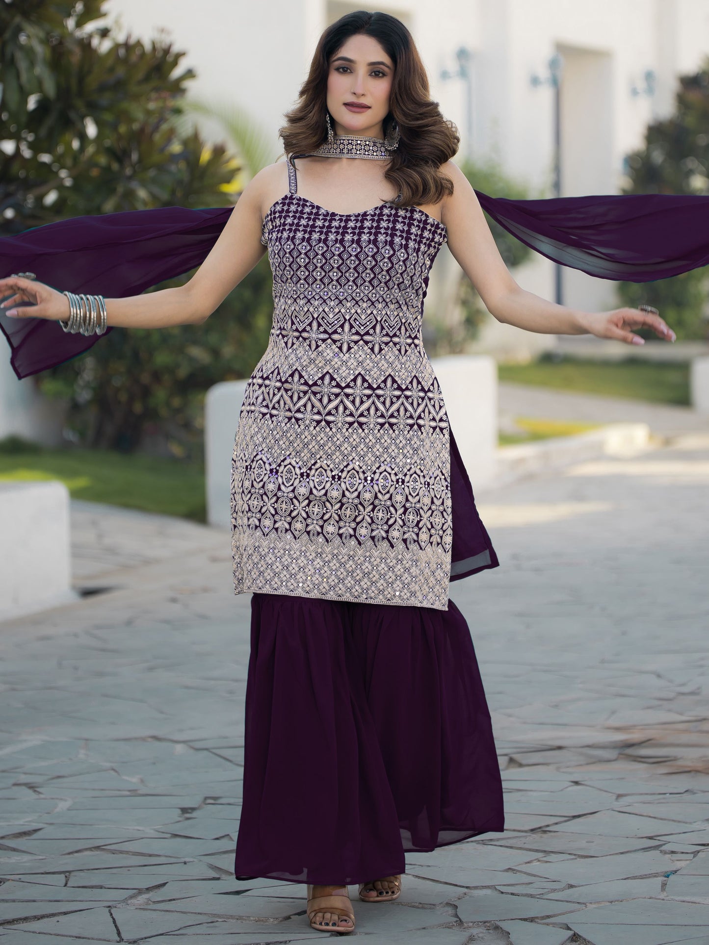 Wine color georgette sharara suit with dupatta online shopping