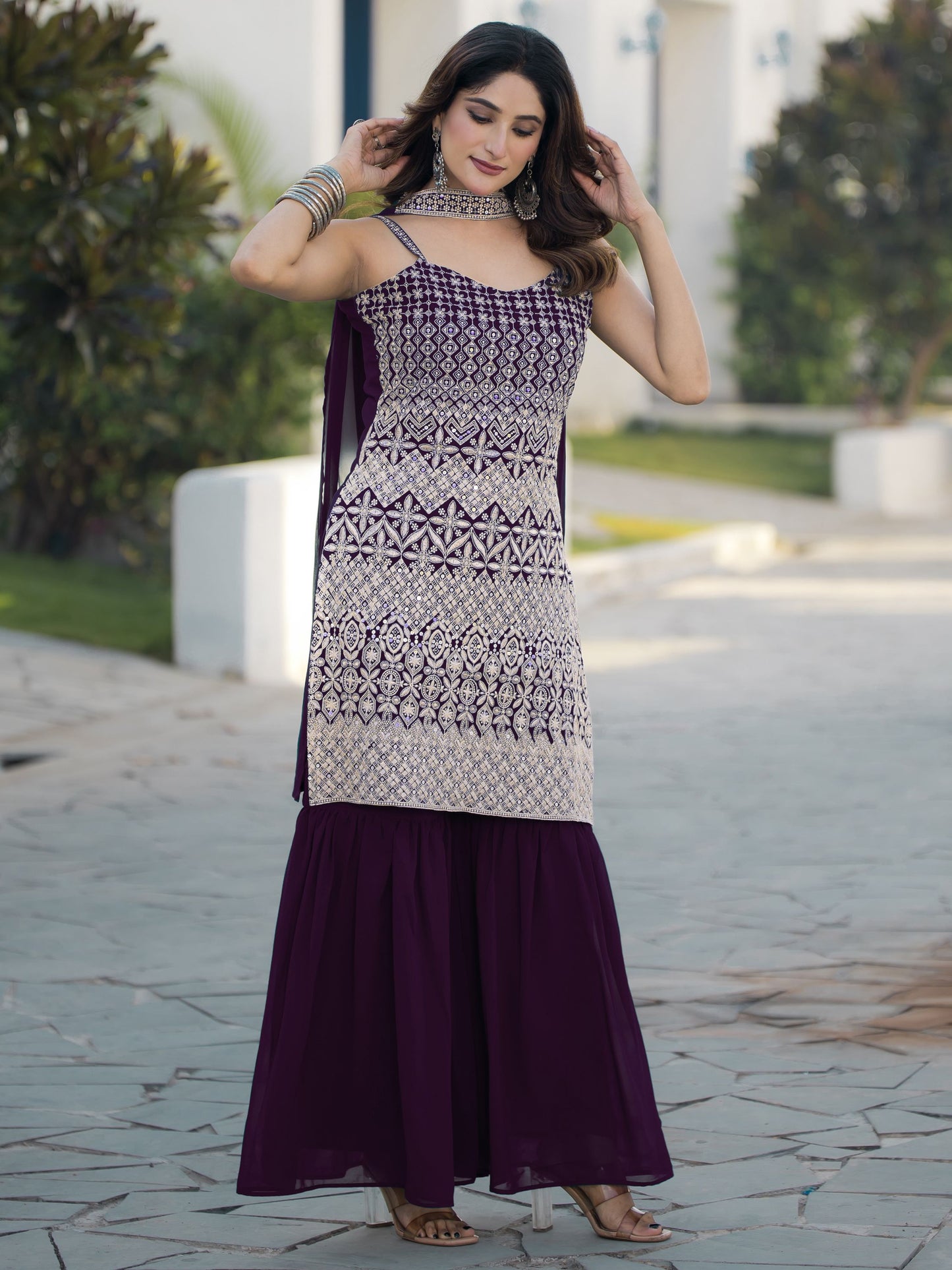 Wine color georgette sharara suit with dupatta images