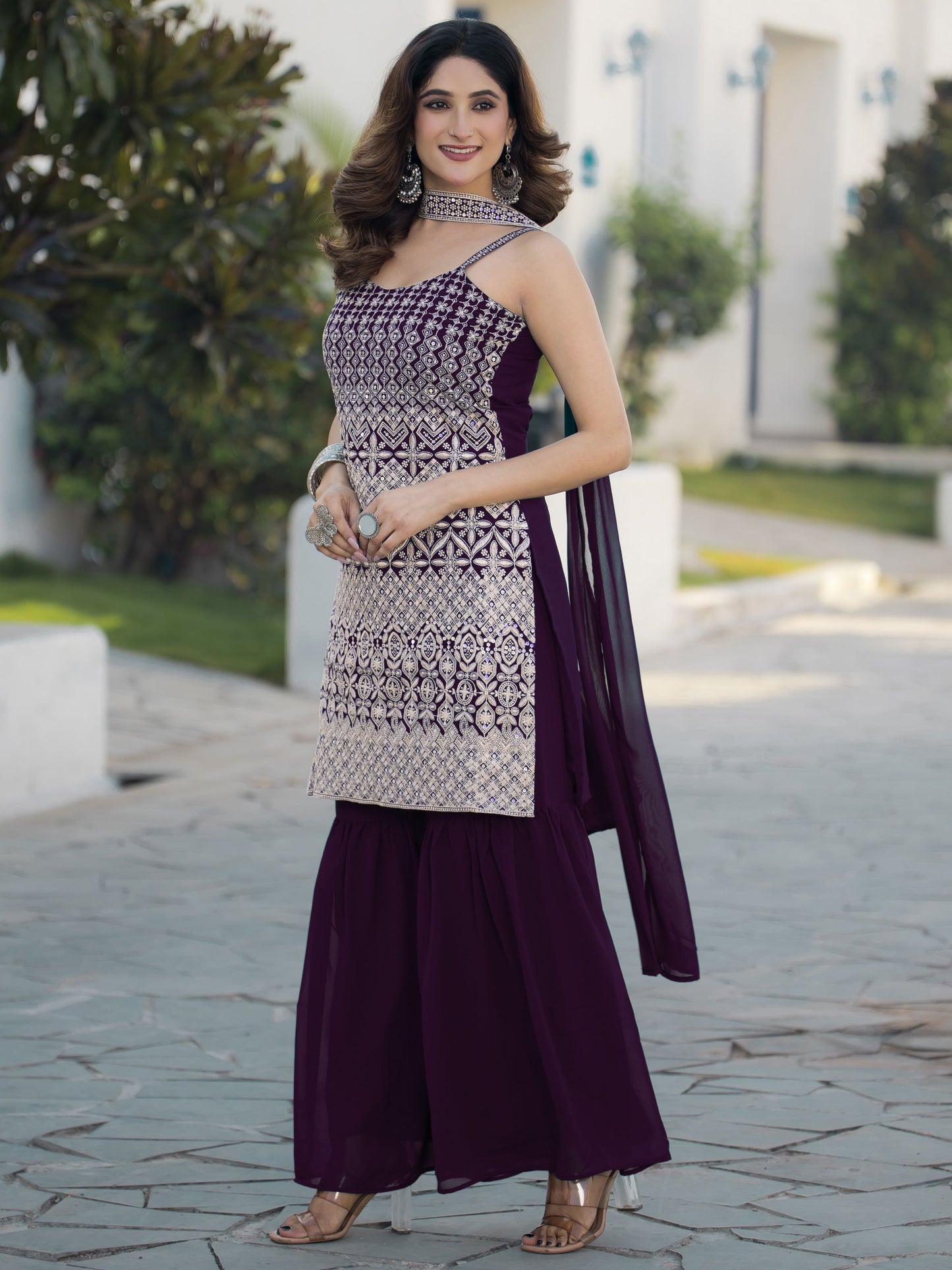 Wine color georgette sharara suit with dupatta price
