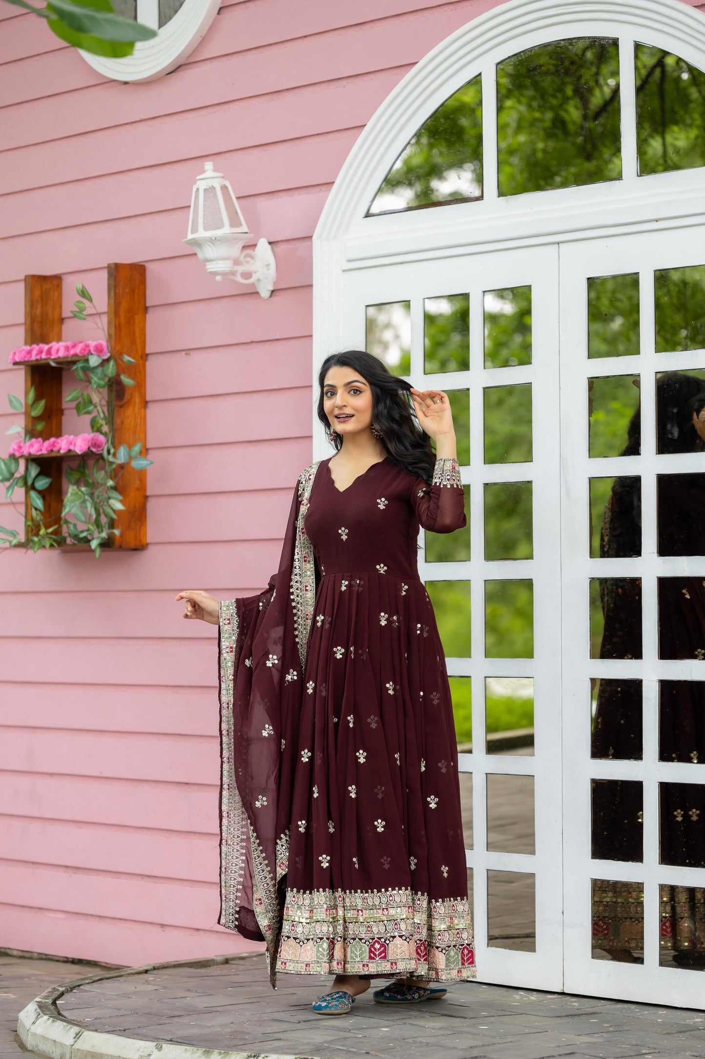 Purple color georgette long gown with dupatta price