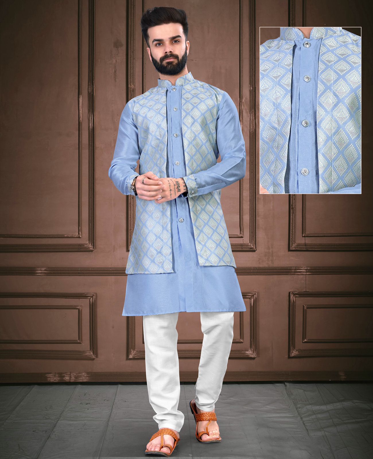 Blue color cotton jacket with kurta
