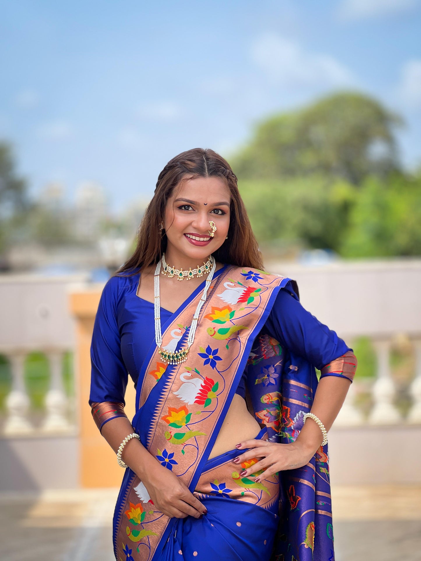 Blue color paithani silk saree with blouse