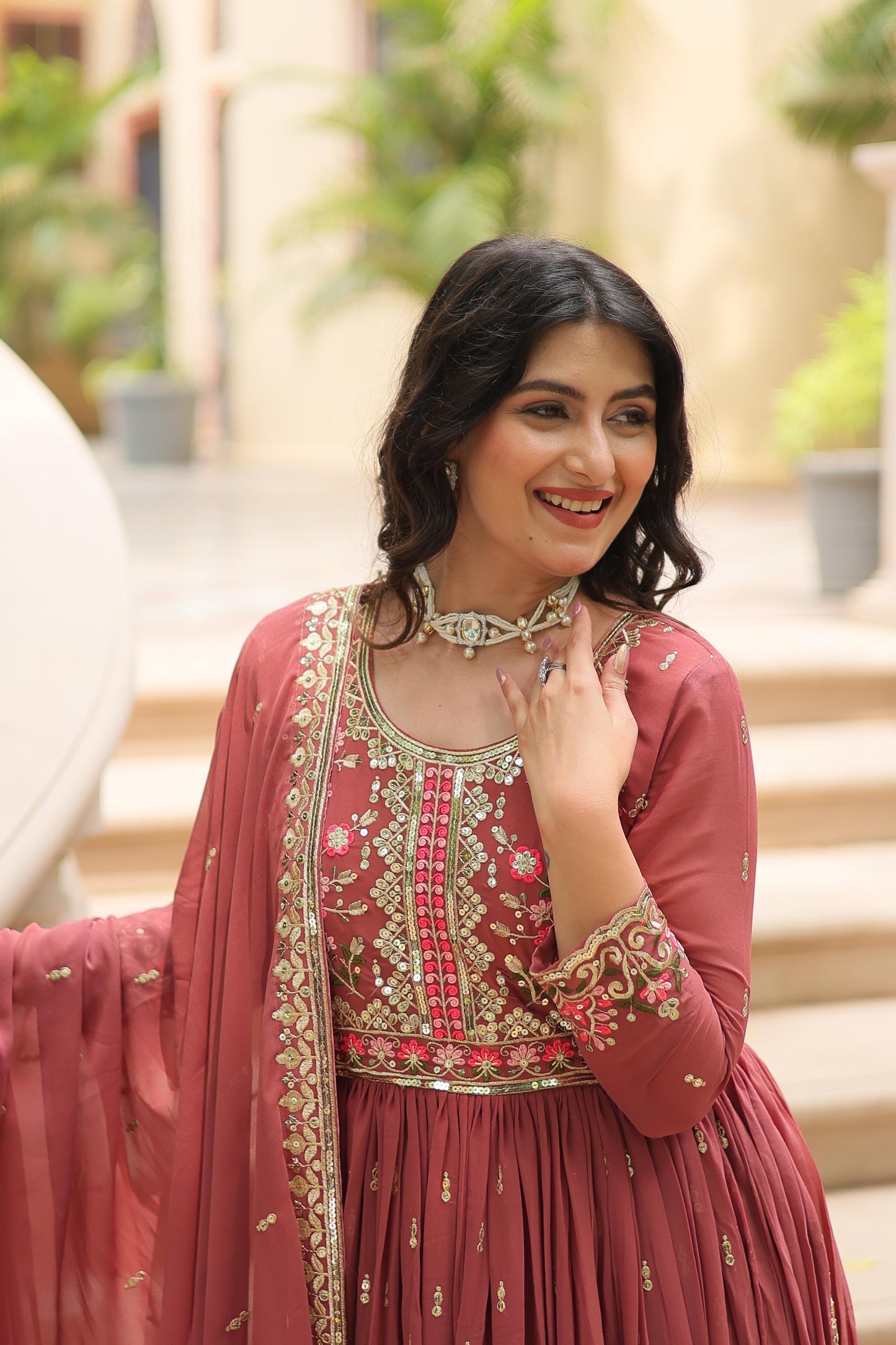 Rust color georgette long sharara suit images