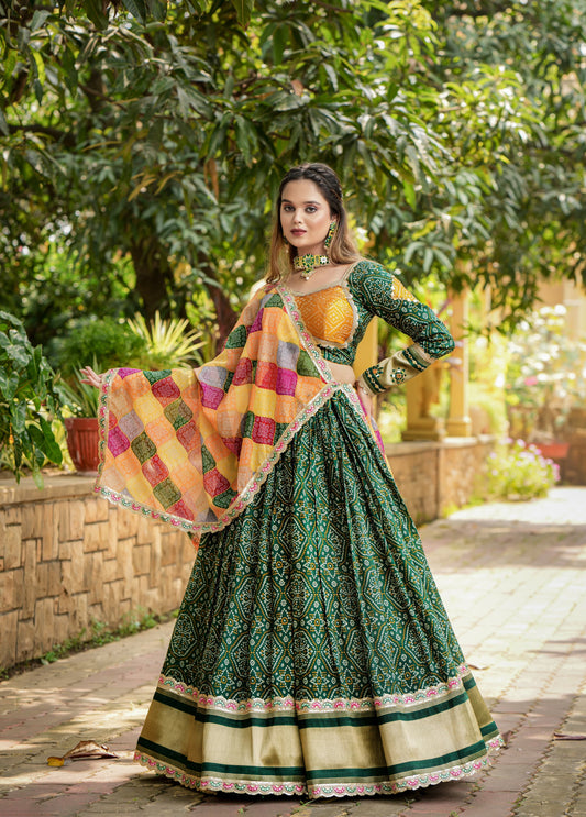 Green color gaji soft silk lehenga choli for women price