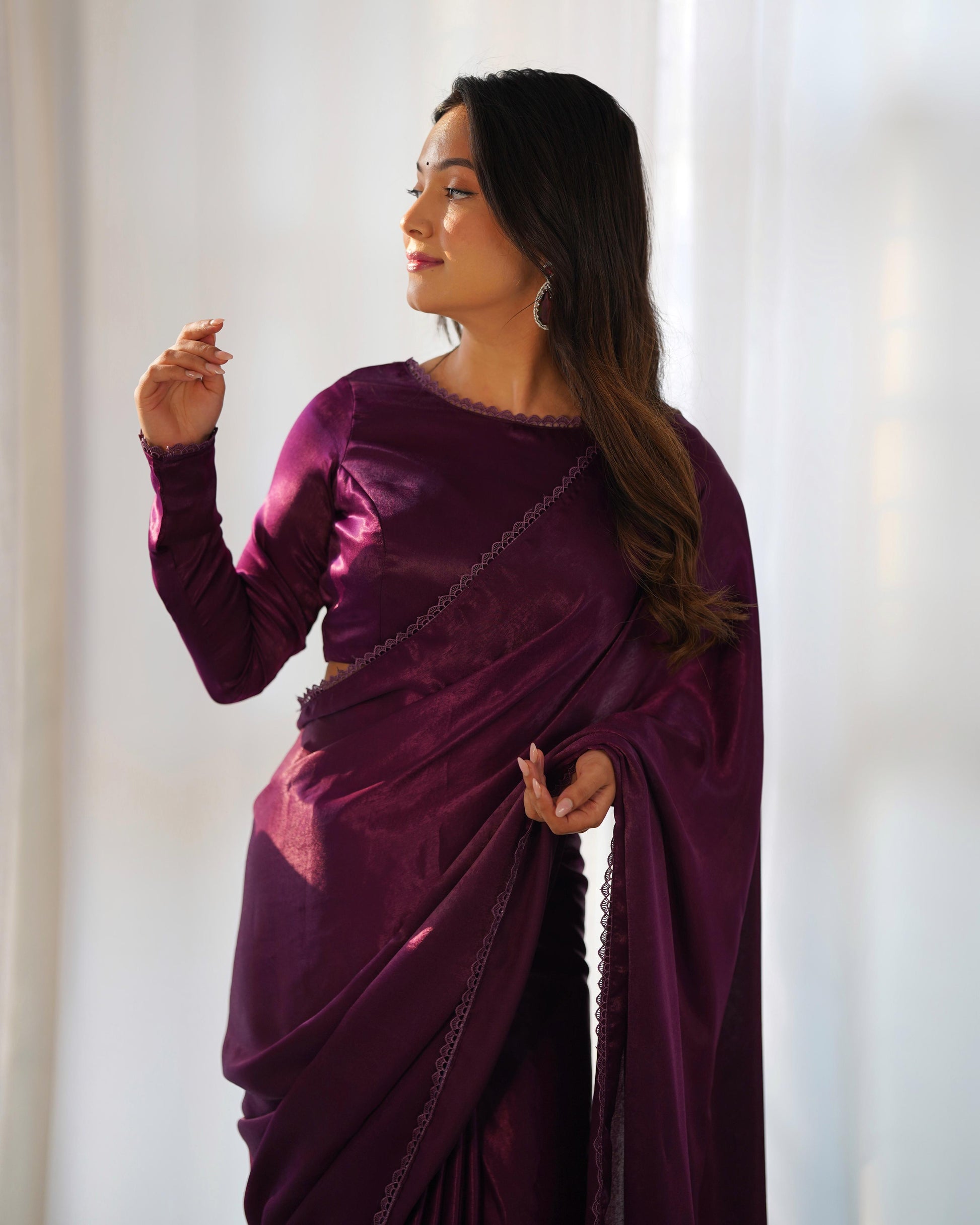Wine color velvet sarees design look