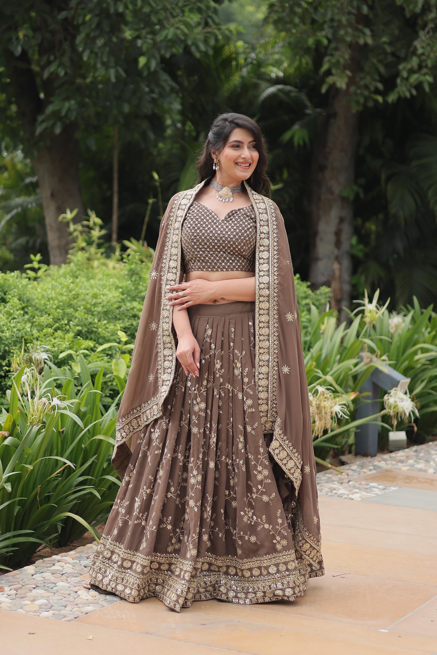 Brown color faux blooming lehenga choli for party