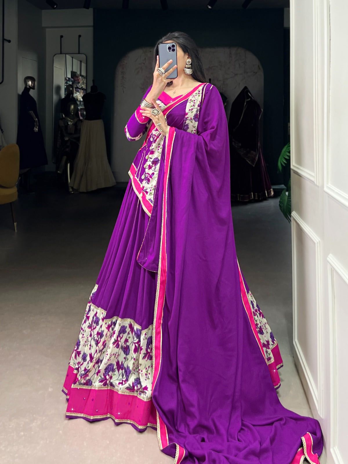 Purple mirror work chaniya choli with online