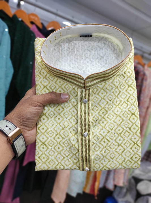 Yellow designer printed kurta for mens