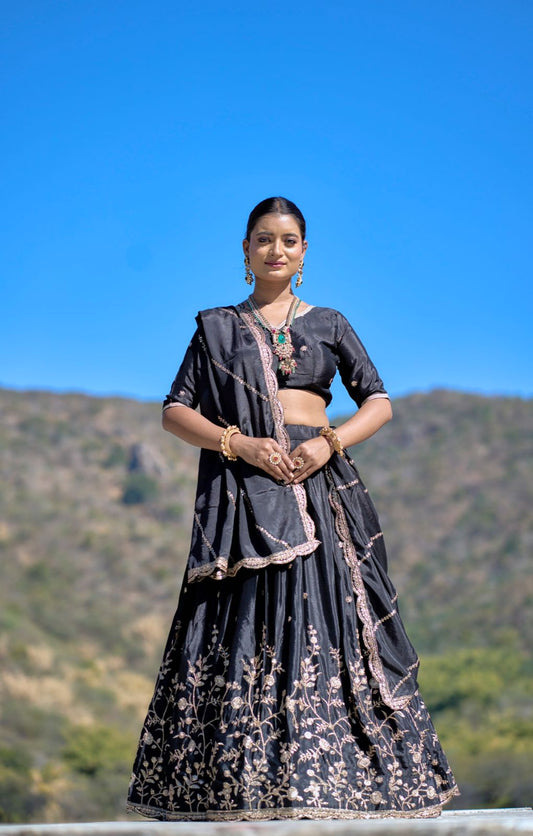 Black color chinon lehenga choli
