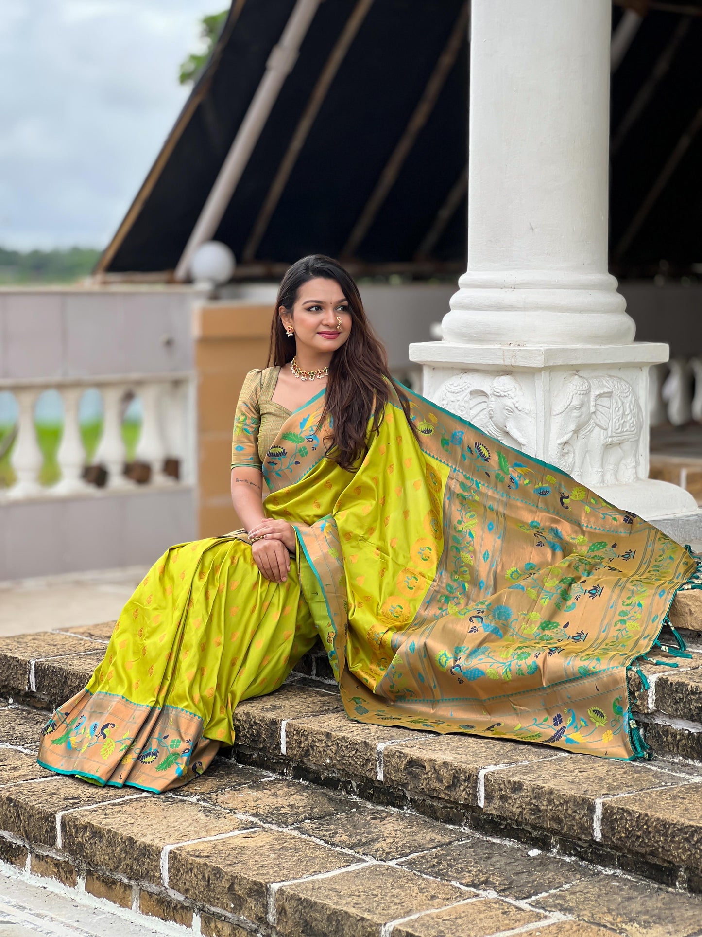 Parrot green color paithani silk saree with blouse online shopping
