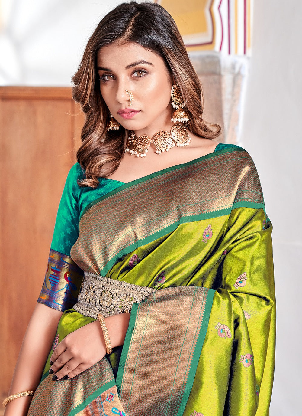 Green paithani silk saree for women price