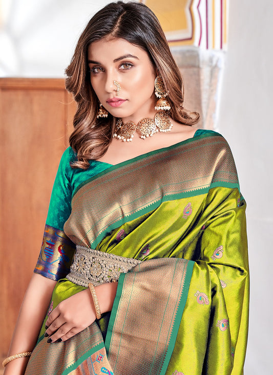 Green paithani silk saree for women price