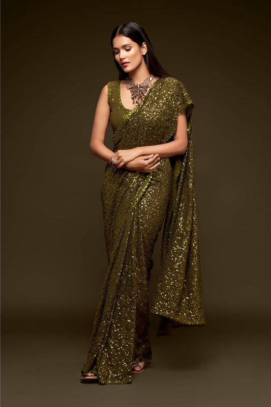 Olive Green Sequined Georgette Wedding Wear Saree