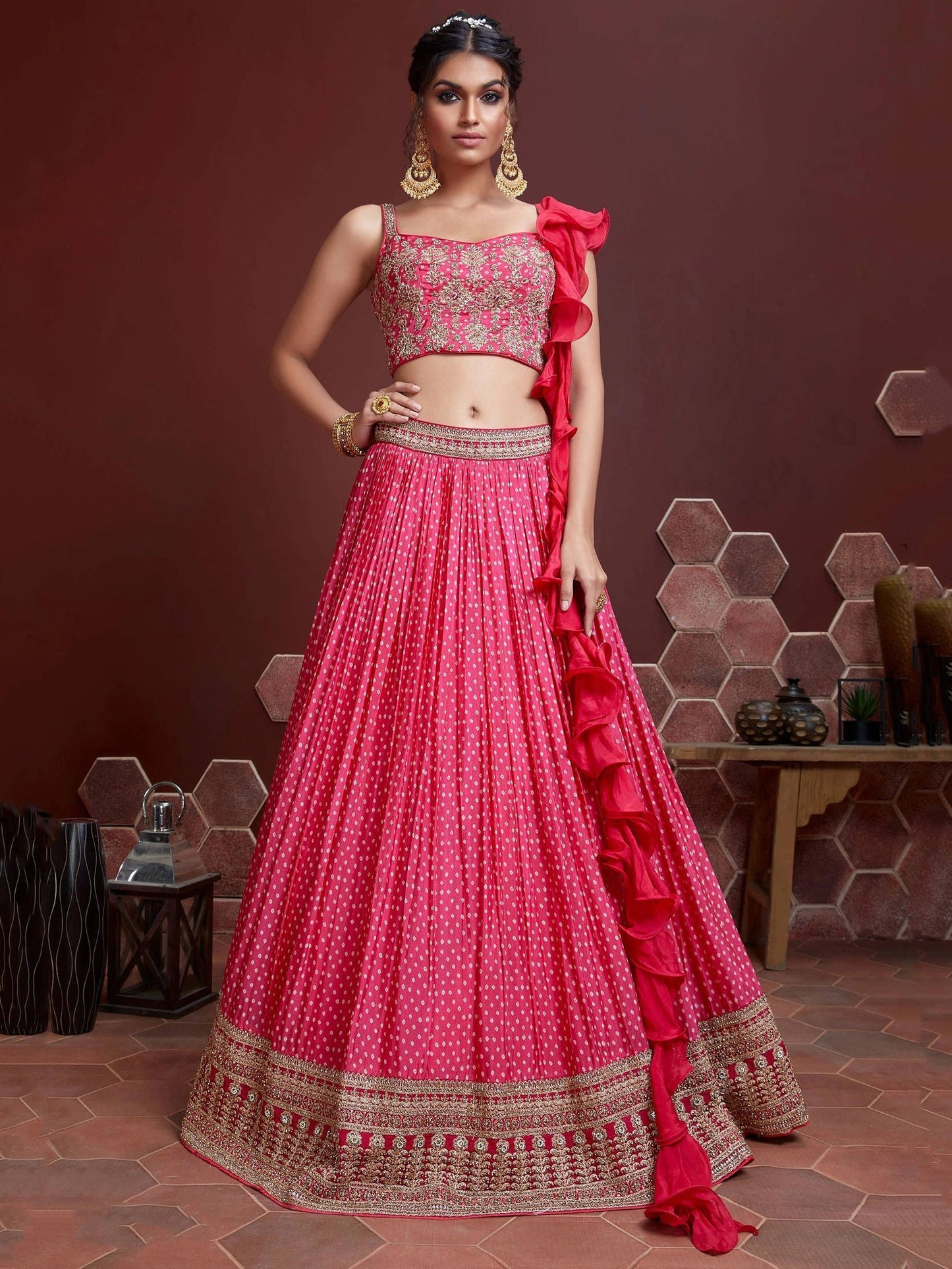 Pink chinnon silk lehenga choli