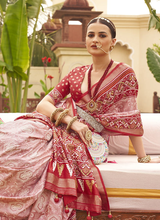 Pure pink patola printed silk saree for women