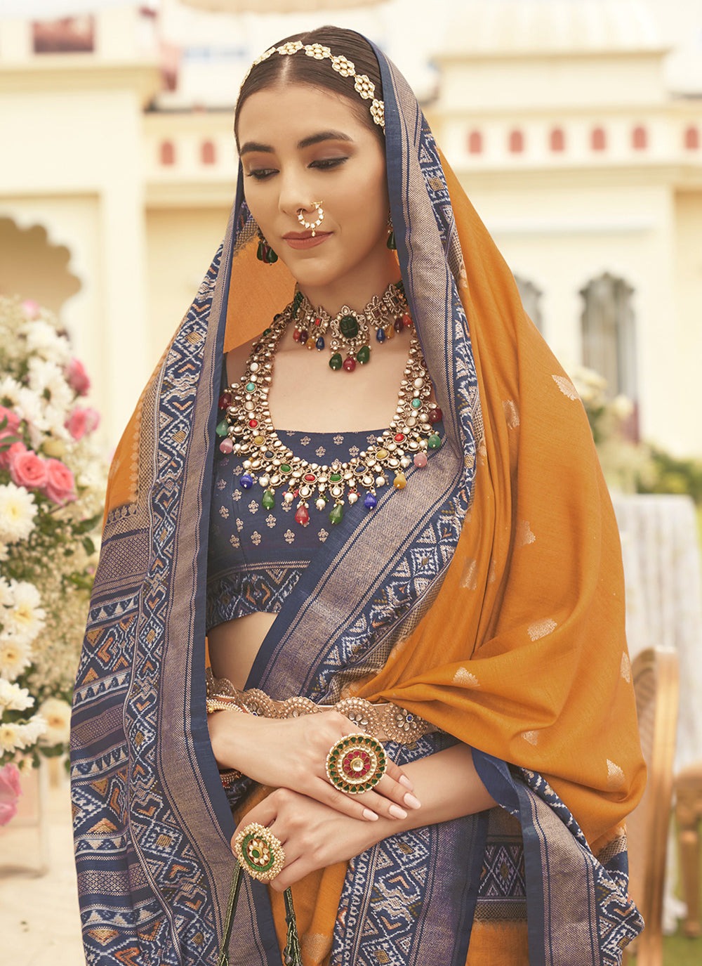 Mustard yellow Saree contrast blouse