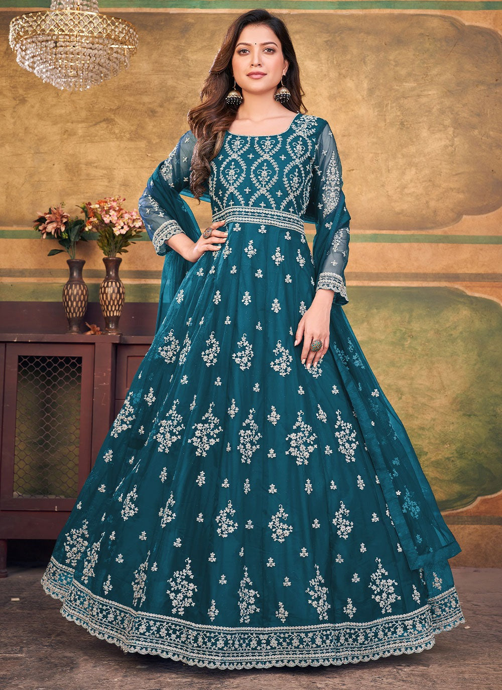 Designer Peacock Blue Net Anarkali Gown For Wedding Party Wear Designer Peacock Blue Net Anarkali Gown For Wedding Party Wear