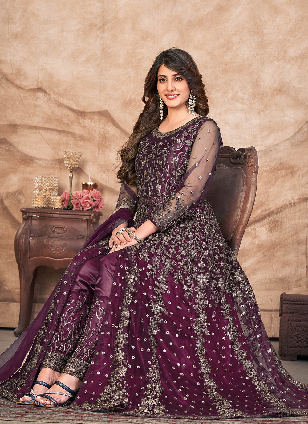 Wine color net salwar kameez for women online shopping