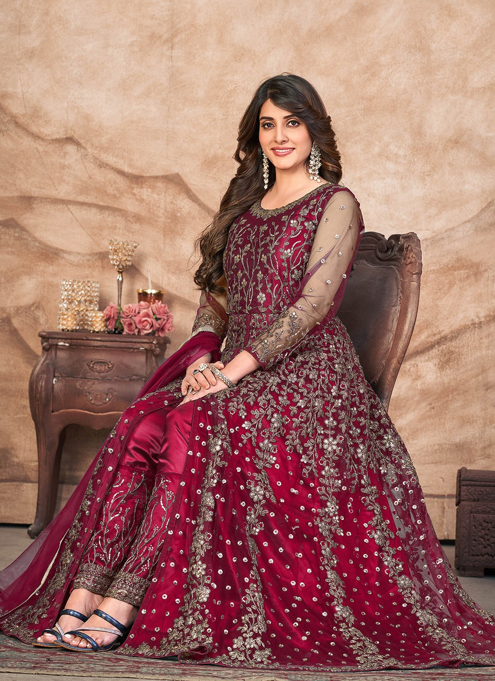 Maroon color net salwar kameez for women with dupatta