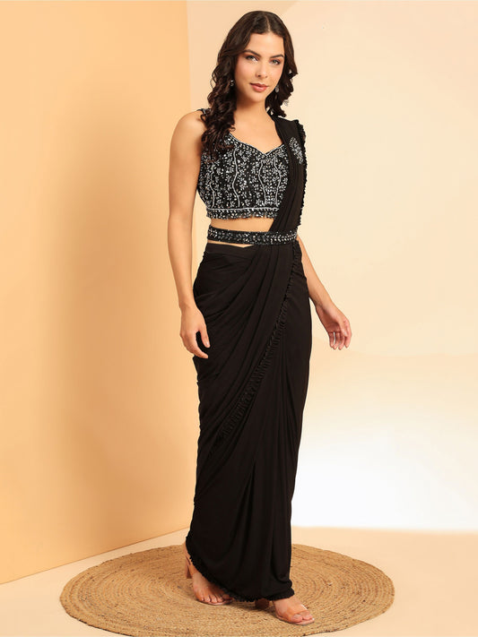 Ready to Wear Black Saree with Mirror Work Stitched Blouse
